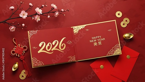 Chinese new year celebration with red envelopes, gold coins, and cherry blossoms, symbolizing good fortune and prosperity in 2026