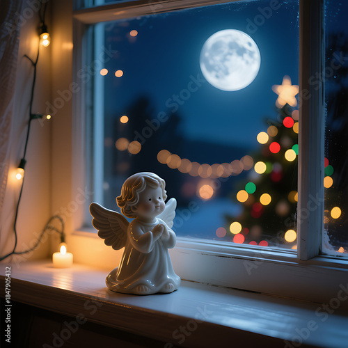 Peaceful Angel Figurine on a Windowsill Under a Full Moon, Gazing at a Blurred Christmas Tree, Spiritual Holiday Serenity

