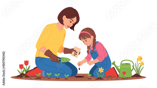 A mother and daughter are happily gardening together, planting seeds and nurturing young sprouts in a vibrant outdoor setting.