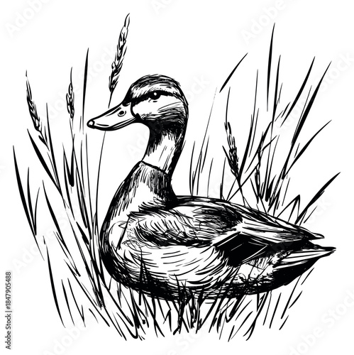 Hand drawn duck in grass black and white line art
