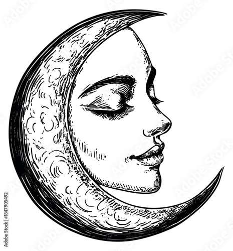 Vintage moon icon with sleeping woman face black and white line art