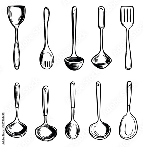 Hand drawn kitchen utensil icon set with spoons, ladles and spatulas