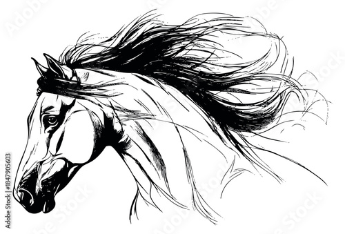 Horse head sketch with flowing mane hand drawn outline illustration