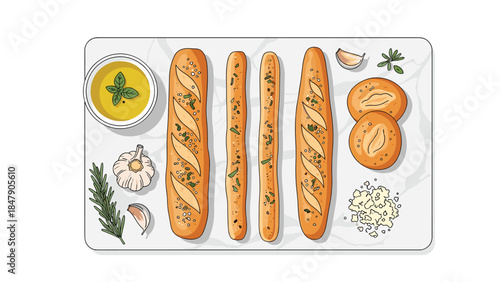 Freshly baked baguettes with garlic, herbs, and dipping oil are arranged on a cutting board, ready to be served.