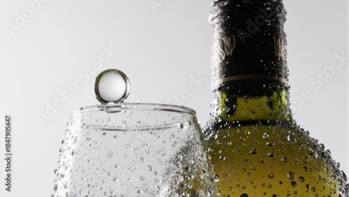 Chilled White Wine Bottle and Glass with Condensation.