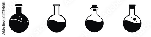 Round Bottom Laboratory Flask Icons Set – Medical Chemistry Experiment Glassware Vector Illustration for Science, Pharmacy and Healthcare Design