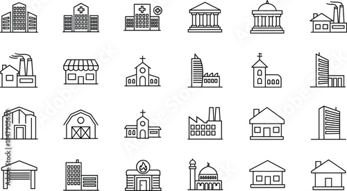 Professional Architecture and Building Line Icon Set Featuring Hospitals, Factories, Houses, Government Offices, Schools, Religious Structures, Industrial Plants, and Urban Infrastructure Symbols