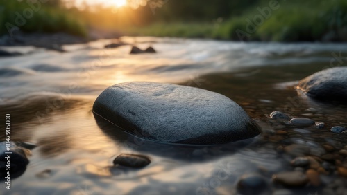 Calm river scene with smooth stones, flowing water, and soft, golden sunset light
