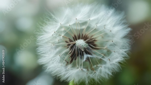Close-up of a dandelion seed head, showcasing delicate structure and fluffy seeds against bokeh