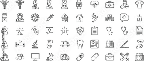 Professional Medical and Healthcare Line Icon Set Featuring Hospital Services, Doctors, Nursing Care, Pharmacy Supplies, Diagnostic Equipment, Laboratory Research, and Emergency Medicine