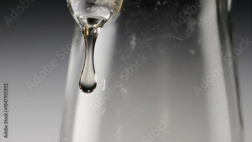 Close-up of a liquid drop falling from a glass tube.