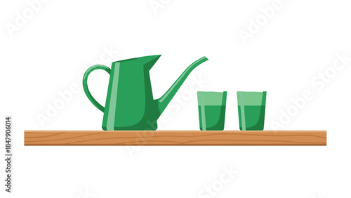 Green pitcher and two glasses sit on a wooden shelf, creating a simple and refreshing still life arrangement.