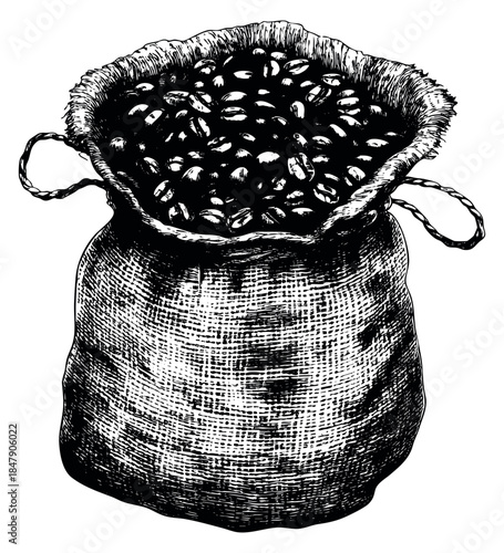 Vintage coffee bean sack illustration with beans hand drawn outline illustration