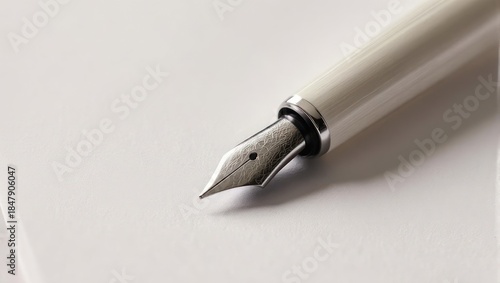 Close-up of a fountain pen nib on white paper.