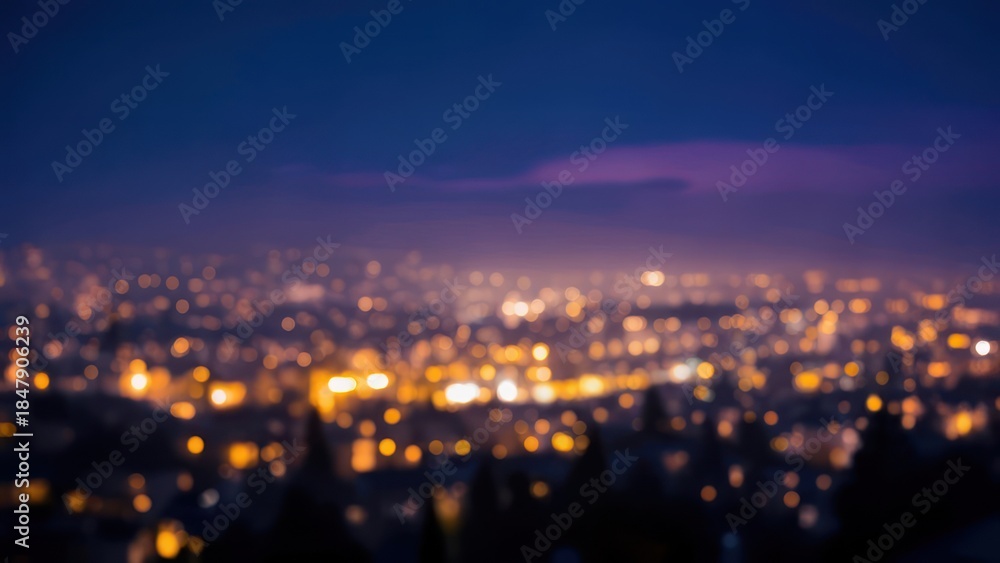 Obraz premium Blurry cityscape lights glow against a dusky sky, creating a soft, warm bokeh effect