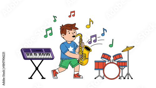 Young musician enthusiastically plays a saxophone alongside a keyboard and drum set, creating a vibrant musical performance.