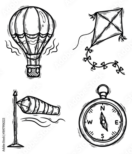 Hand drawn air travel icon set with hot air balloon, kite, wind sock and compass