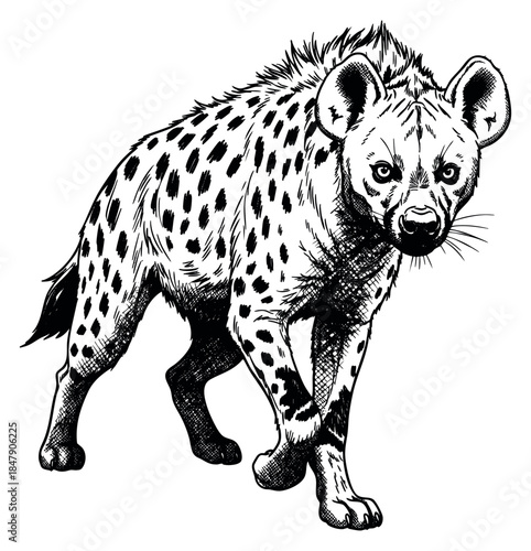 Wild hyena illustration black and white line art