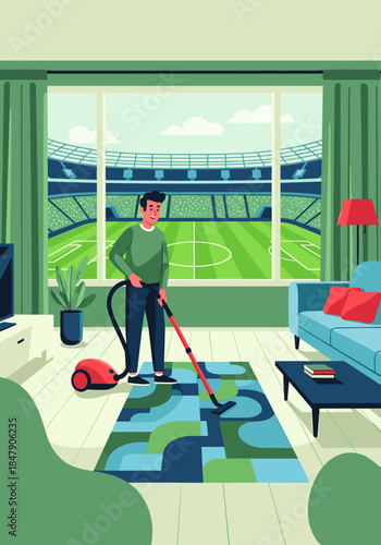 Man vacuuming a rug in a cozy living room with a view of a football stadium