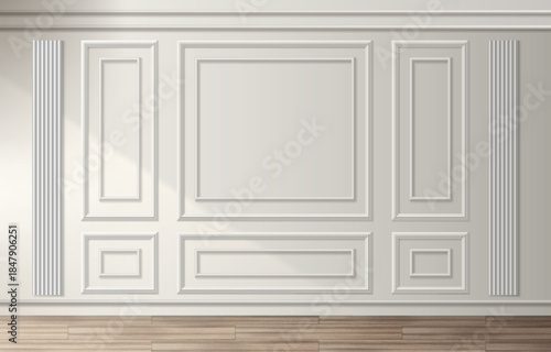 Wall panel frame classic interior with white vintage room molding - empty rectangular borders on beige surface above wood floor. Elegant architectural background for gallery or museum exhibition space