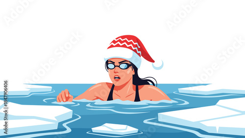 Woman in santa hat swims in icy water surrounded by floating ice floes during a winter holiday tradition.