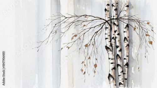 Birch branches with autumn leaves on textured white background  