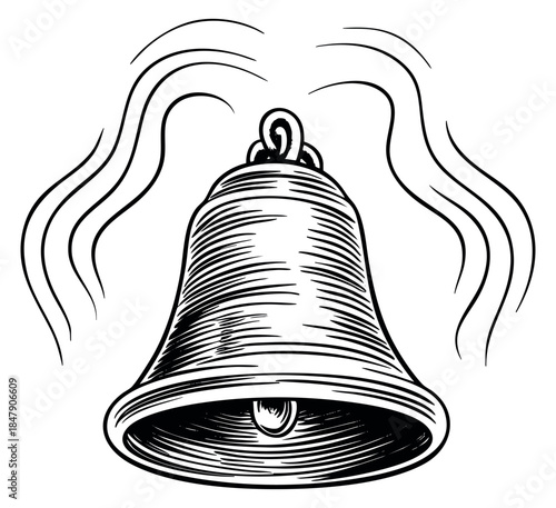 Vintage bell icon with sound waves hand drawn sketch