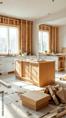 Kitchen renovation with exposed framing and new cabinets ready