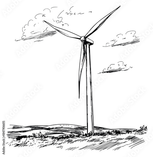 Wind turbine set with blades and landscape hand drawn sketch