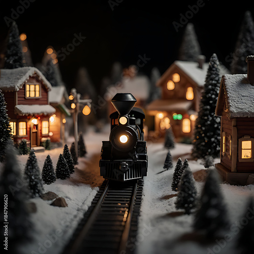 Magical Miniature Christmas Village at Night with a Steam Train on Snowy Tracks, Festive Holiday Lights

