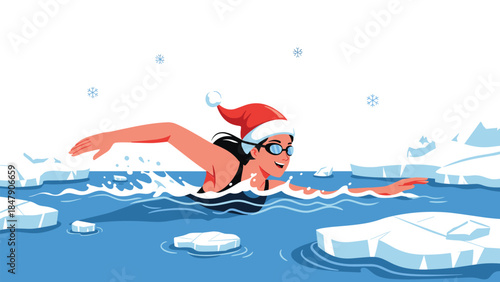 Woman in santa hat swims freestyle in icy water surrounded by floating icebergs during a winter holiday event.