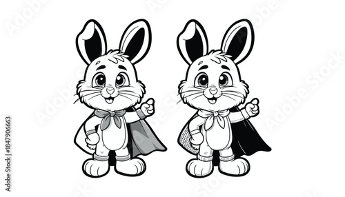 Vector illustration of cartoon bunny black and white drawing For children to learn to color according to the picture.
