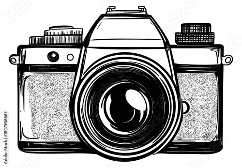 Vintage camera illustration black and white line art