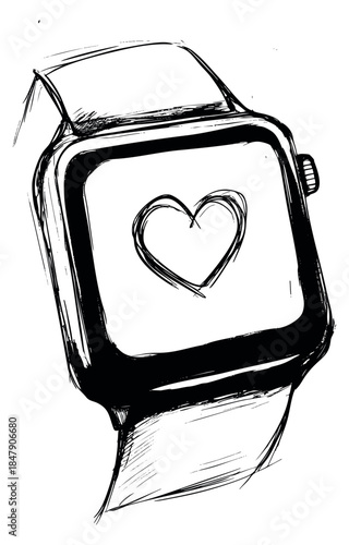 Hand drawn smartwatch with heart icon illustration