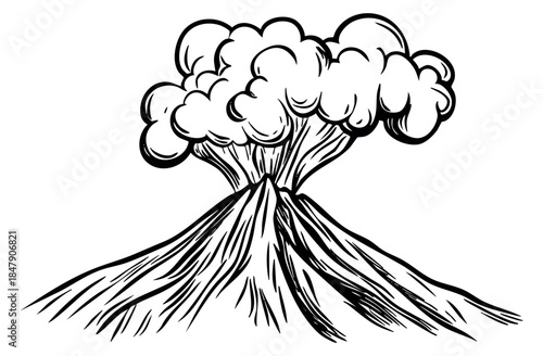 Volcano eruption icon with smoke plume hand drawn outline illustration