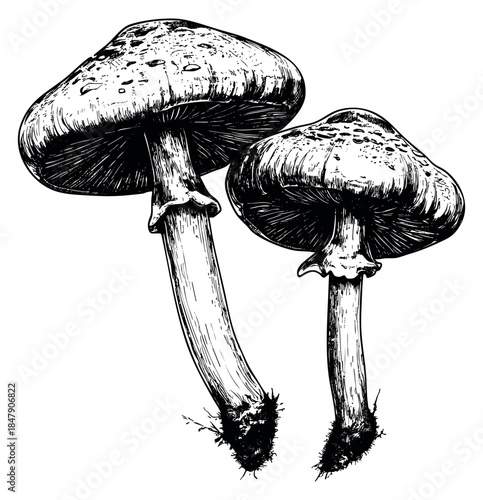 Mushroom set with two fungi black and white line art