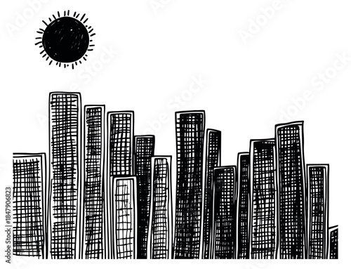 Simple city skyline set with sun hand drawn outline illustration