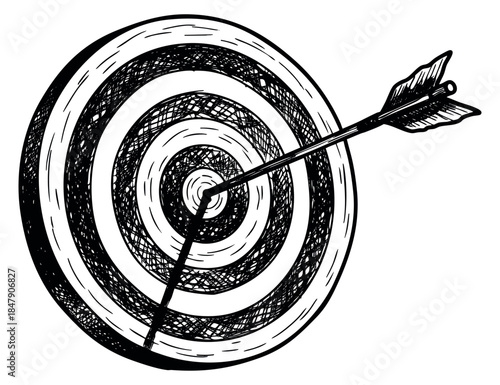 Simple archery target icon with arrow hand drawn outline illustration