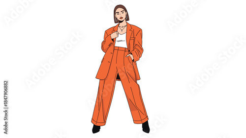 Stylish young woman confidently poses in a vibrant orange oversized suit and white top, showcasing modern fashion.