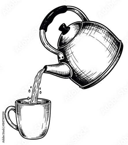 Vintage kitchen utensil set with kettle pouring hot water into cup hand drawn sketch