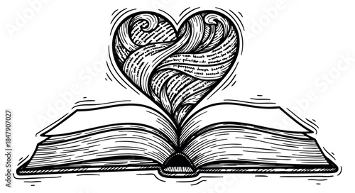 Hand drawn open book icon with heart shaped text illustration