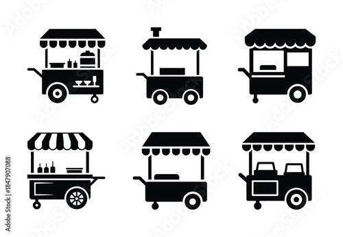 set of food street food cart silhouette icon vector illustration isolated on white background