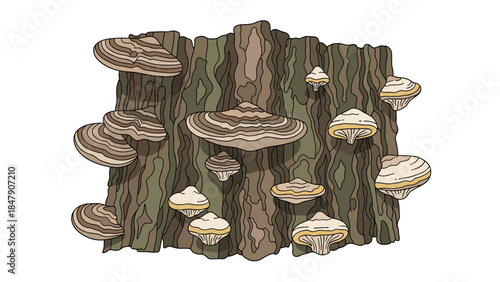 Various bracket fungi and small mushrooms grow abundantly on the textured surface of a decaying tree trunk in a natural setting.