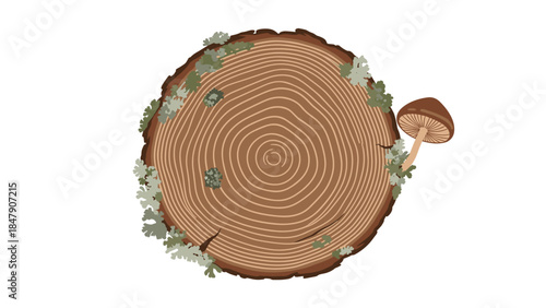A detailed illustration depicts a freshly cut tree stump adorned with moss and a single mushroom, showcasing natural decomposition.