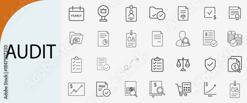 audit and compliance icons, minimal line vector symbol set