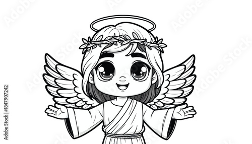 Vector illustration of cartoon Jesus Cristo waving wing greeting black and white drawing For children to learn to color according to the picture.
