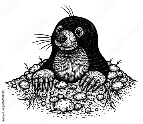 Vintage mole animal in burrow black and white line art