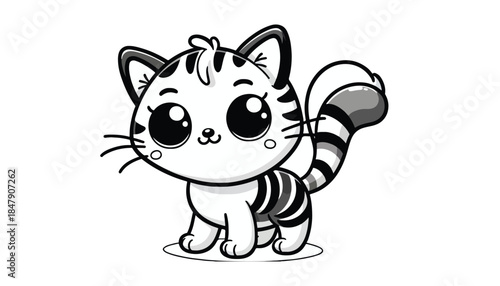 Vector illustration of cartoon cute cat black and white drawing For children to learn to color according to the picture.
