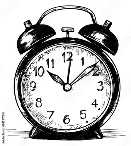 Vintage alarm clock icon with bells and clock hands hand drawn sketch
