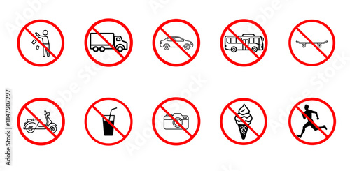 Prohibition signs for various activities and vehicles in a clean urban environment on a transparent background